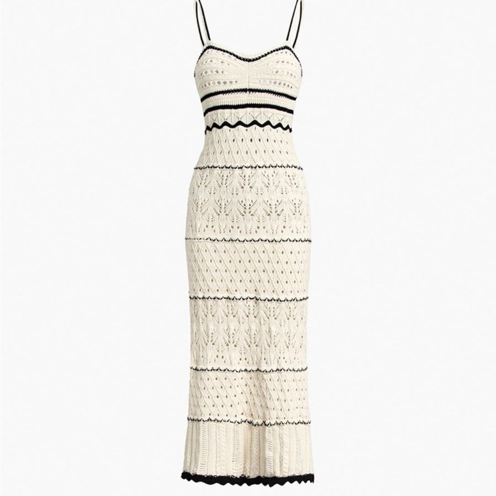 Women's Spaghetti Strap Striped Cami Dress Crochet Eyelet Sleeveless Knit Midi